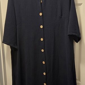 Navy Button-Front Short Sleeve Dress